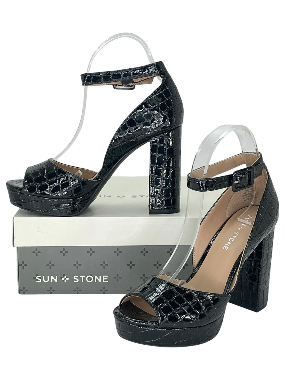 Sun + Stone Reemaa Black Croco Patent Leather Womens Heels Size 7.5M - Picture 1 of 12